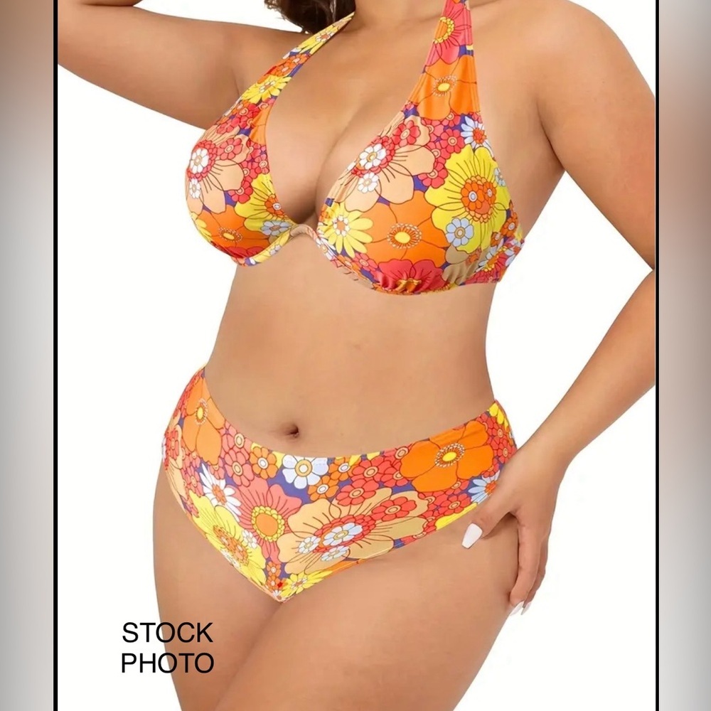 Source Unknown Vibrant Floral Bikini - Orange and Yellow, size 3X
